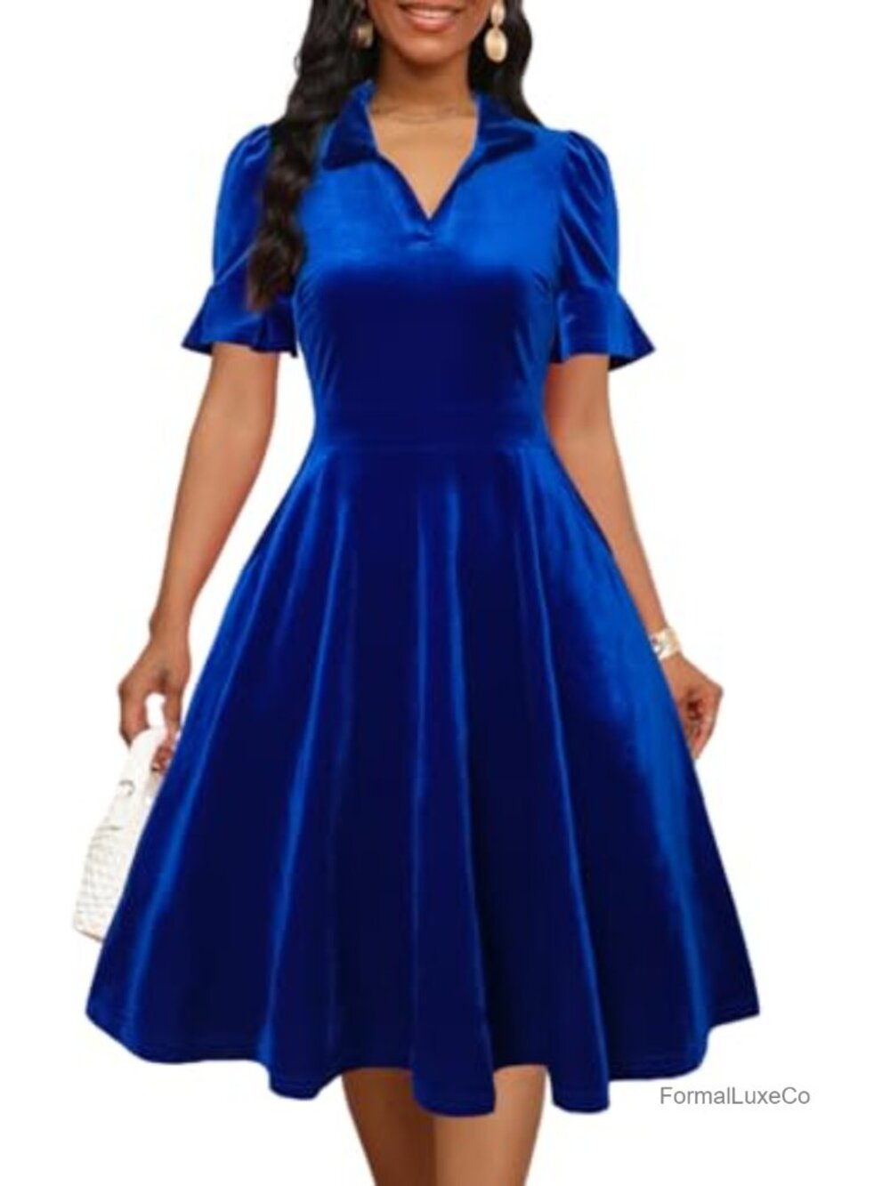 Womens Ruffle Sleeve Collared V Neck Fit and Flare A-Line Dress with Pockets